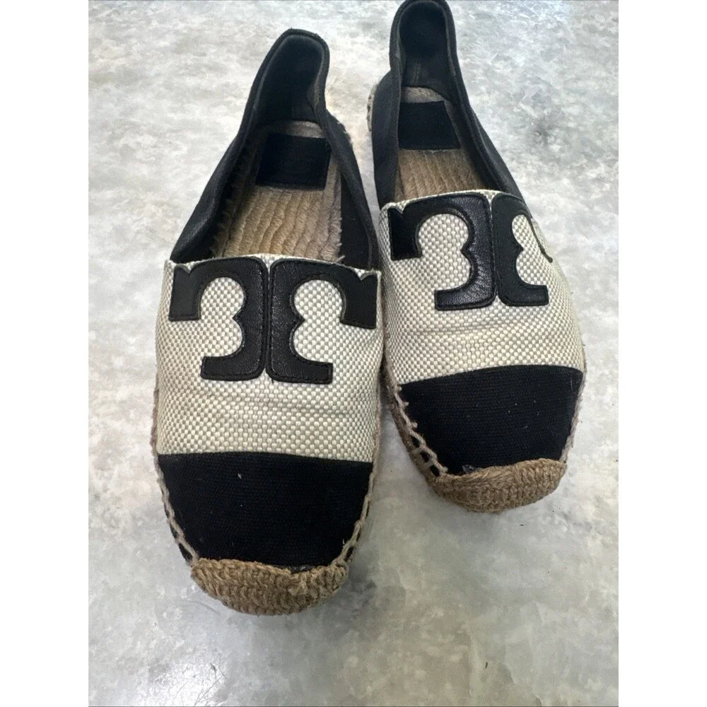 Tory Burch Women's 6.5 Blue Flat Espadrilles Logo Leather Slip On Shoes